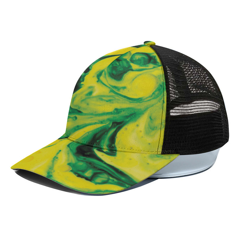 Yellow And Green Acid Melt Print Black Mesh Trucker Cap