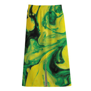 Yellow And Green Acid Melt Print Cotton Front Slit Maxi Skirt