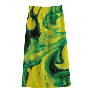 Yellow And Green Acid Melt Print Cotton Front Slit Maxi Skirt