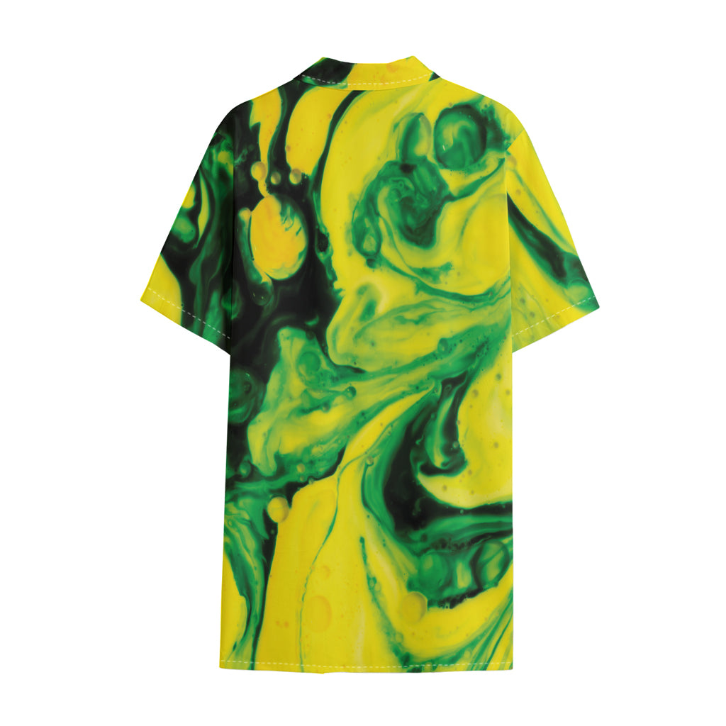 Yellow And Green Acid Melt Print Cotton Hawaiian Shirt