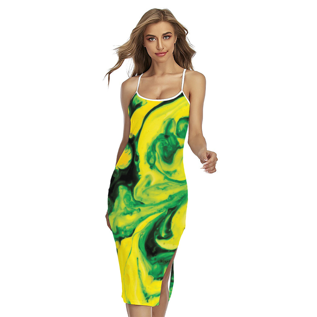 Yellow And Green Acid Melt Print Cross Back Cami Dress