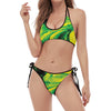 Yellow And Green Acid Melt Print Halter Scoop Tie Side Bikini