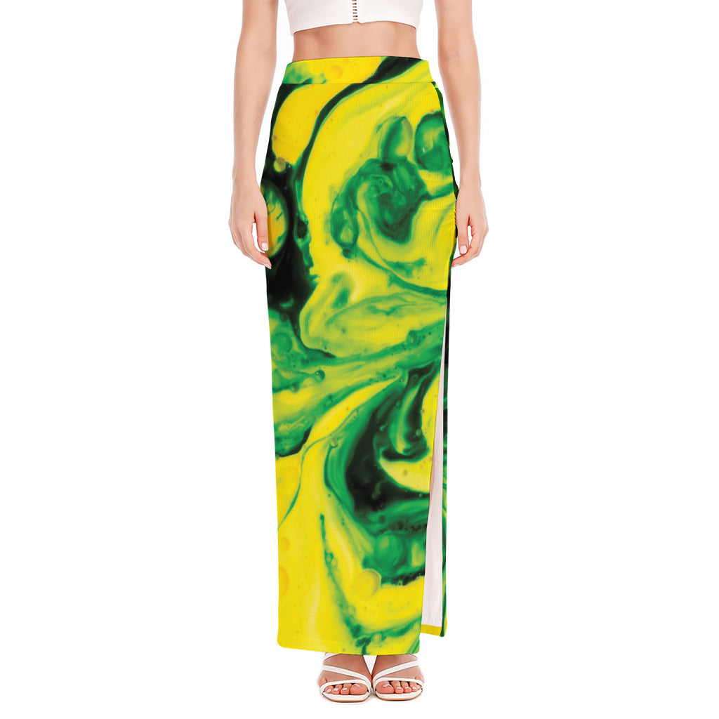 Yellow And Green Acid Melt Print High Slit Maxi Skirt