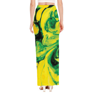 Yellow And Green Acid Melt Print High Slit Maxi Skirt