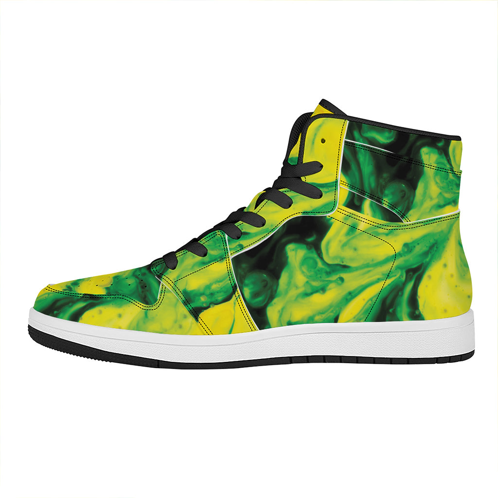 Yellow And Green Acid Melt Print High Top Leather Sneakers