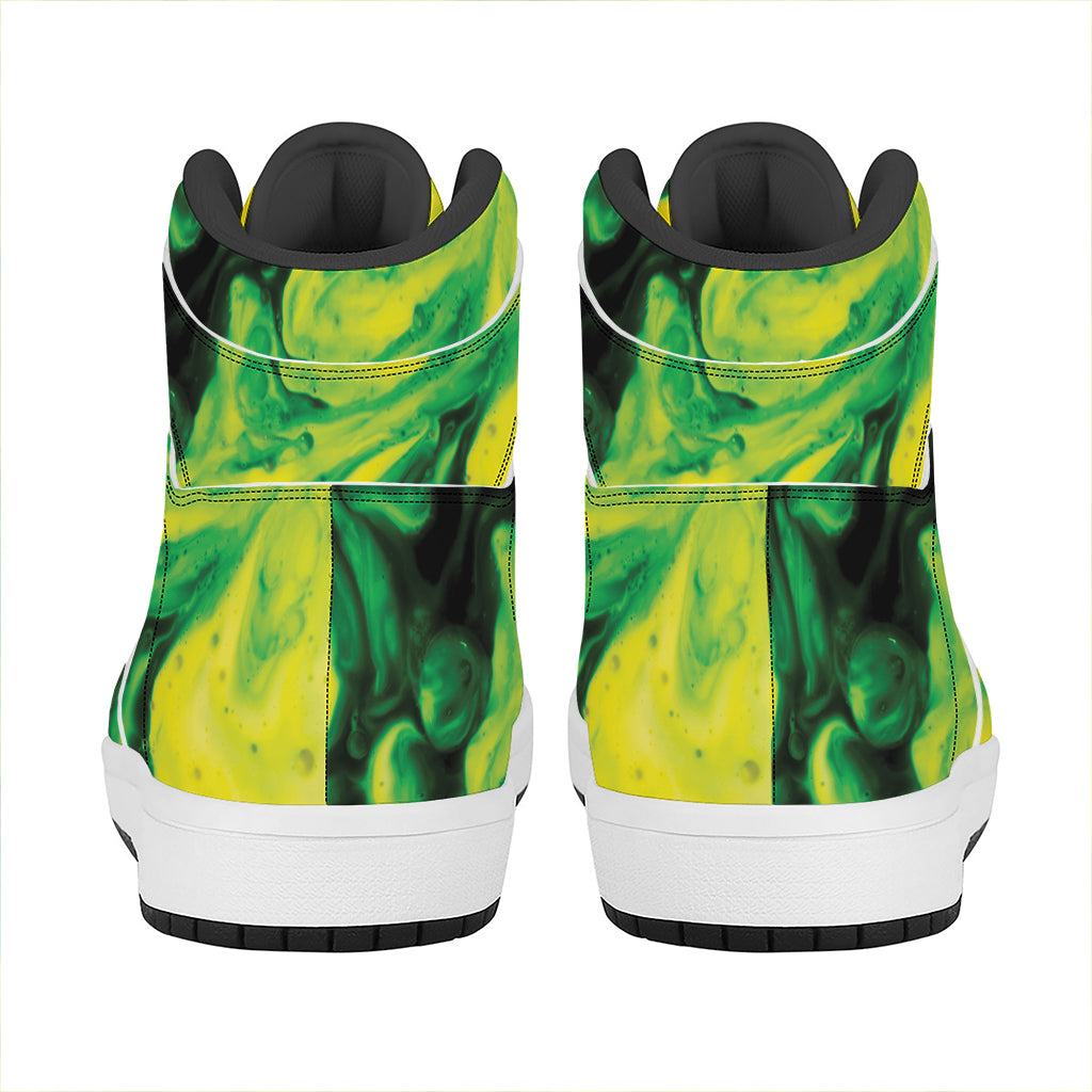 Yellow And Green Acid Melt Print High Top Leather Sneakers