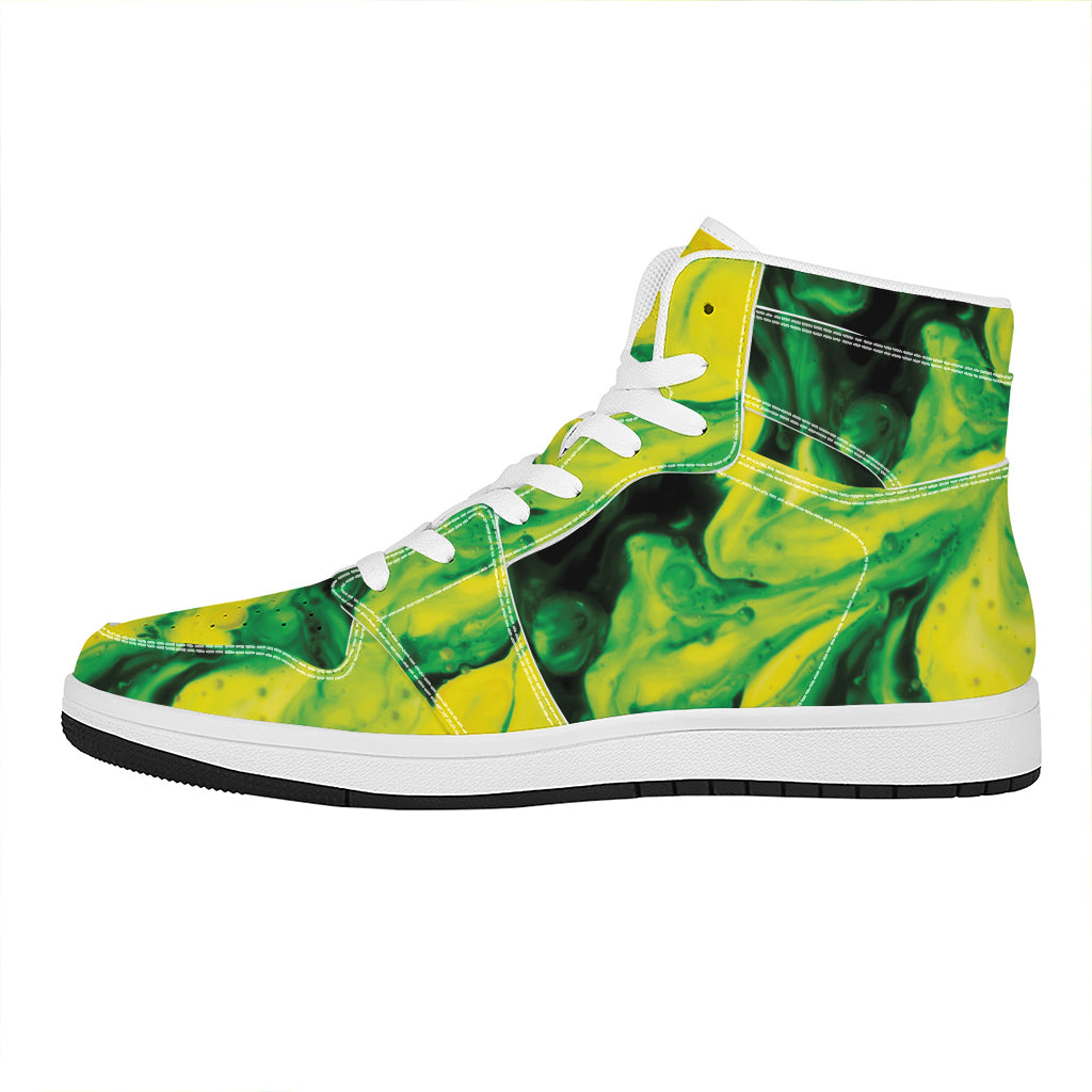 Yellow And Green Acid Melt Print High Top Leather Sneakers