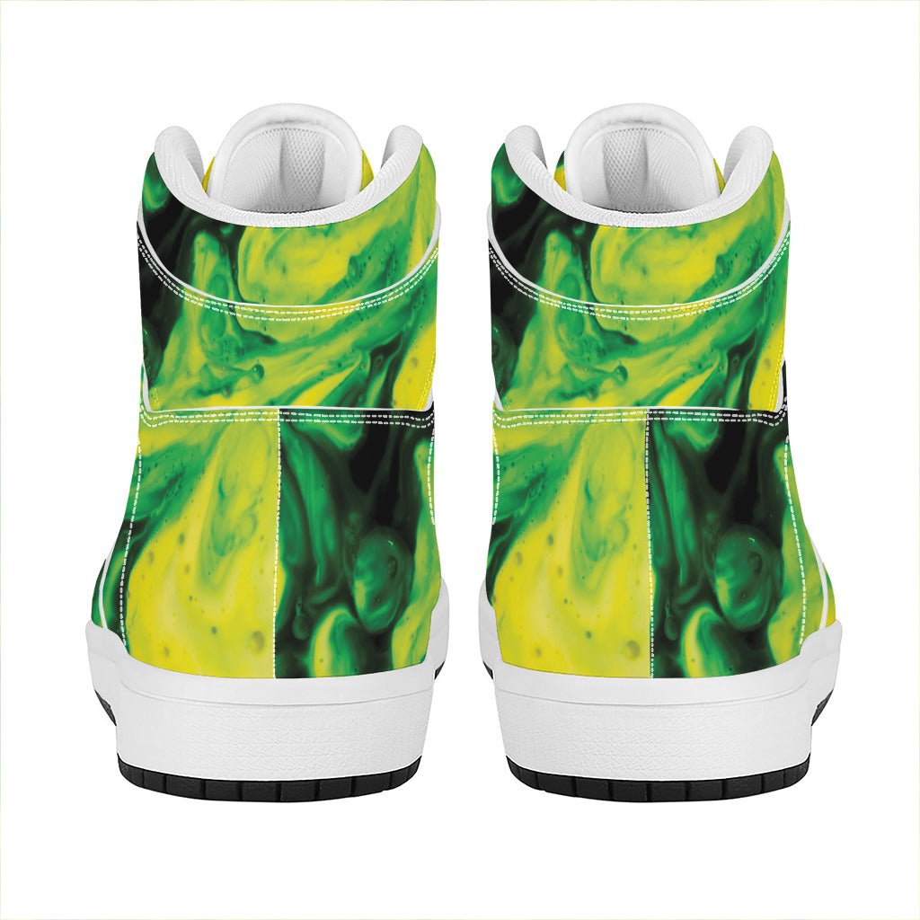 Yellow And Green Acid Melt Print High Top Leather Sneakers