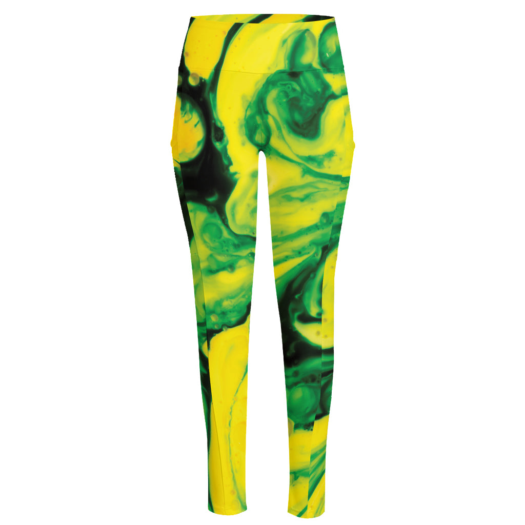 Yellow And Green Acid Melt Print High-Waisted Pocket Leggings