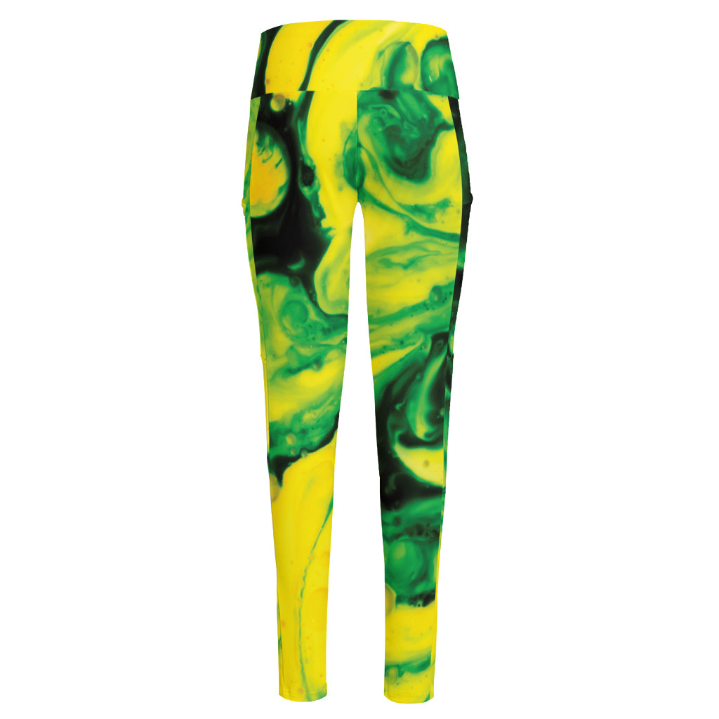 Yellow And Green Acid Melt Print High-Waisted Pocket Leggings