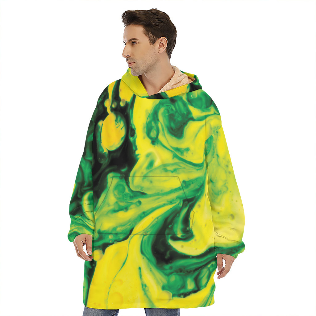 Yellow And Green Acid Melt Print Hoodie Blanket