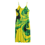 Yellow And Green Acid Melt Print Jersey Midi Cami Dress