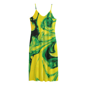 Yellow And Green Acid Melt Print Jersey Midi Cami Dress