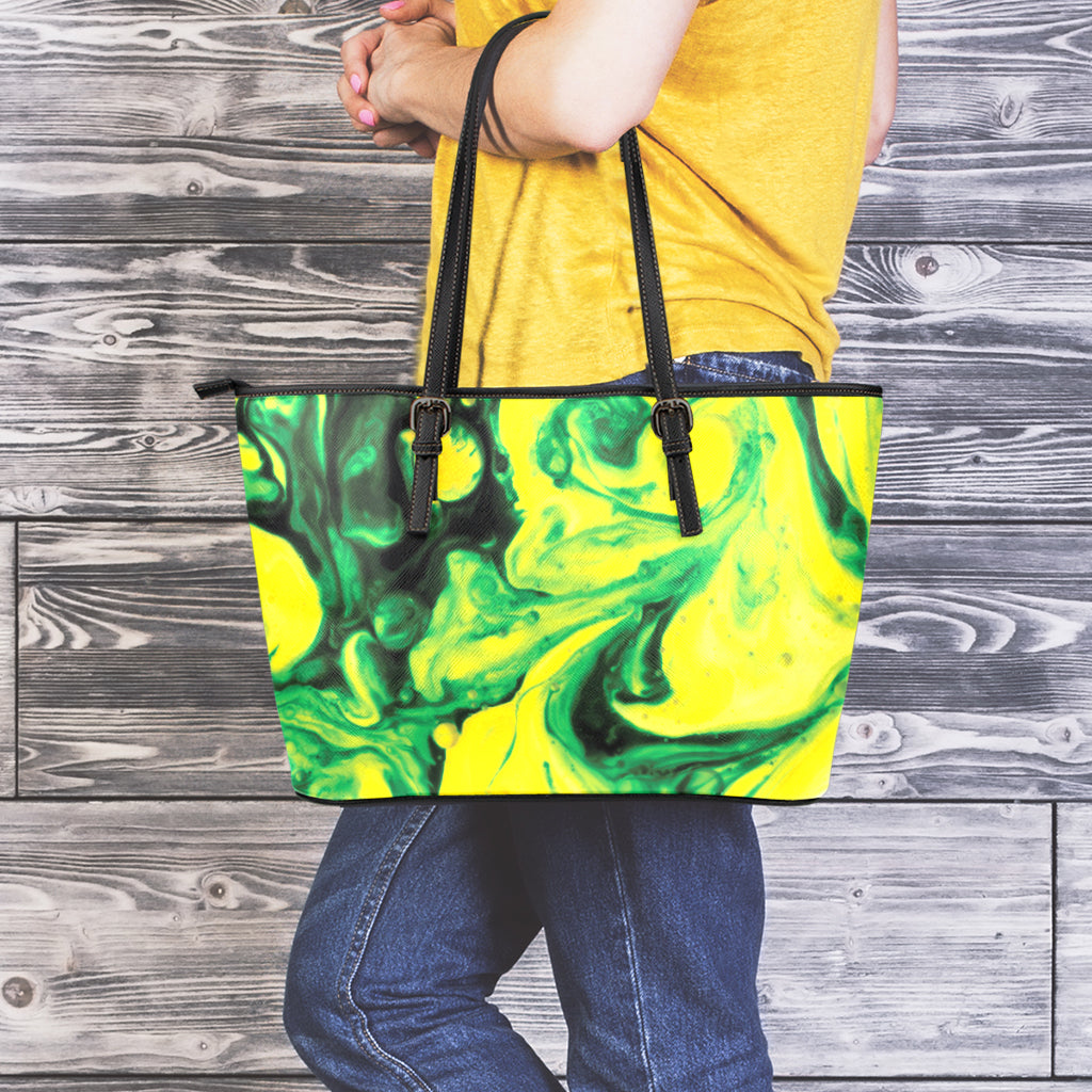 Yellow And Green Acid Melt Print Leather Tote Bag