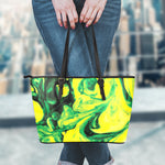 Yellow And Green Acid Melt Print Leather Tote Bag