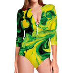 Yellow And Green Acid Melt Print Long Sleeve Swimsuit