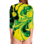 Yellow And Green Acid Melt Print Long Sleeve Swimsuit