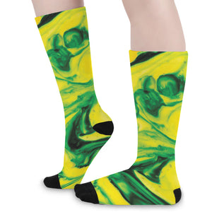 Yellow And Green Acid Melt Print Long Socks