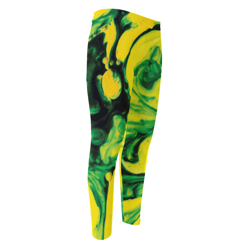 Yellow And Green Acid Melt Print Men's Compression Pants