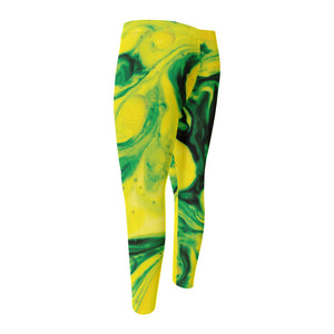 Yellow And Green Acid Melt Print Men's Compression Pants