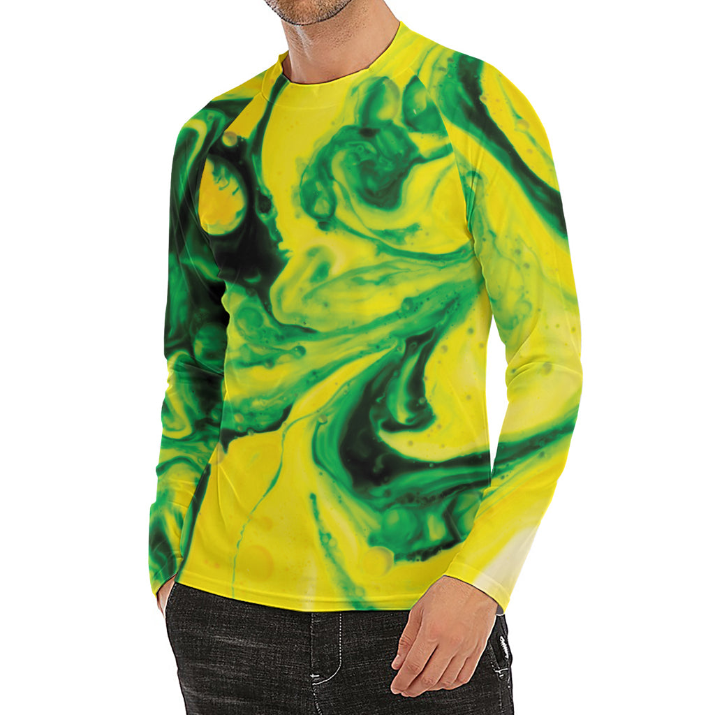 Yellow And Green Acid Melt Print Men's Long Sleeve Rash Guard