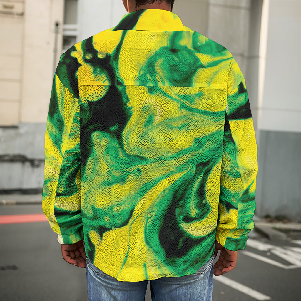 Yellow And Green Acid Melt Print Men's Shirt Jacket