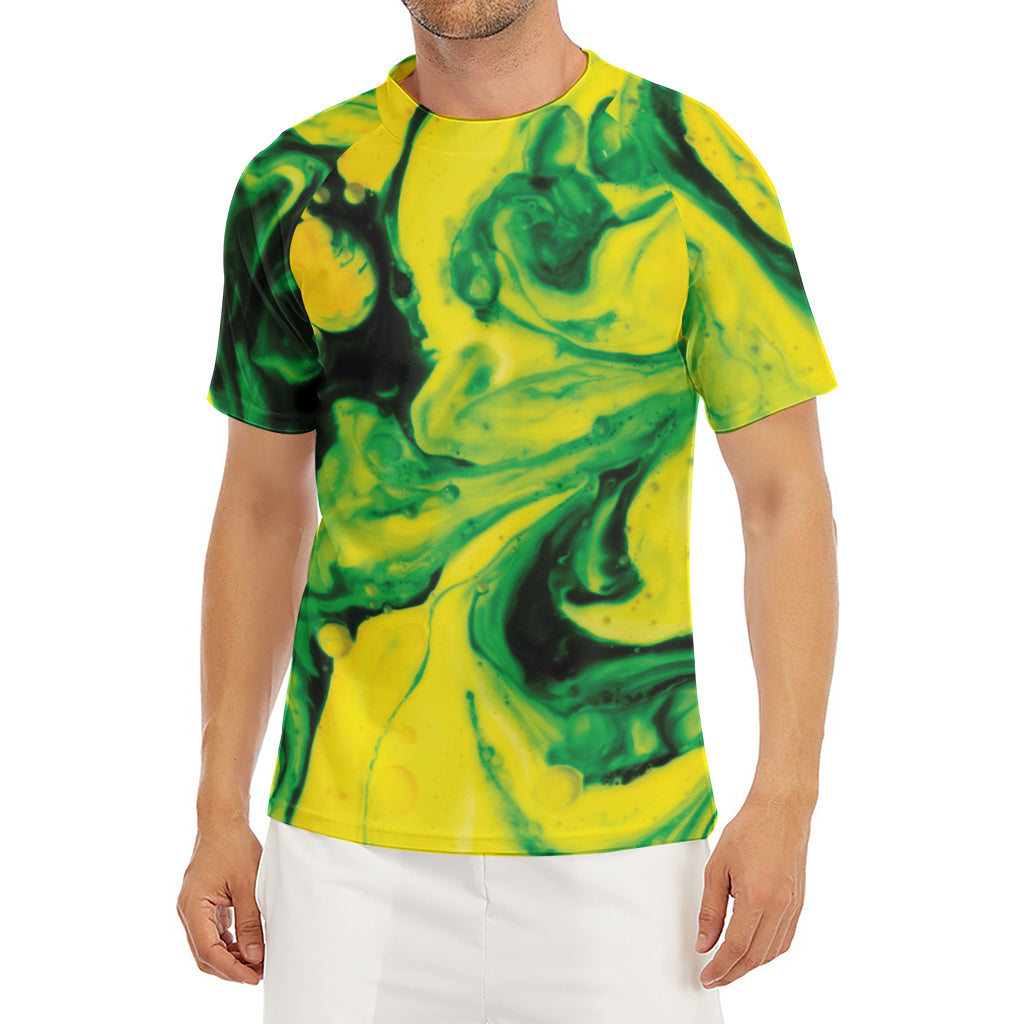 Yellow And Green Acid Melt Print Men's Short Sleeve Rash Guard