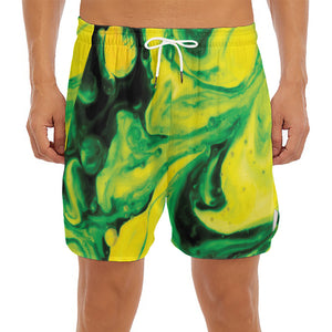 Yellow And Green Acid Melt Print Men's Split Running Shorts