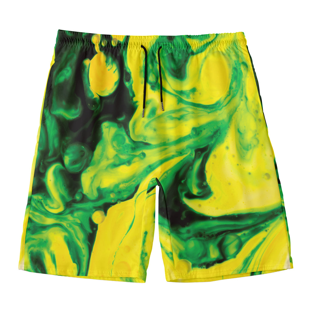 Yellow And Green Acid Melt Print Men's Swim Trunks