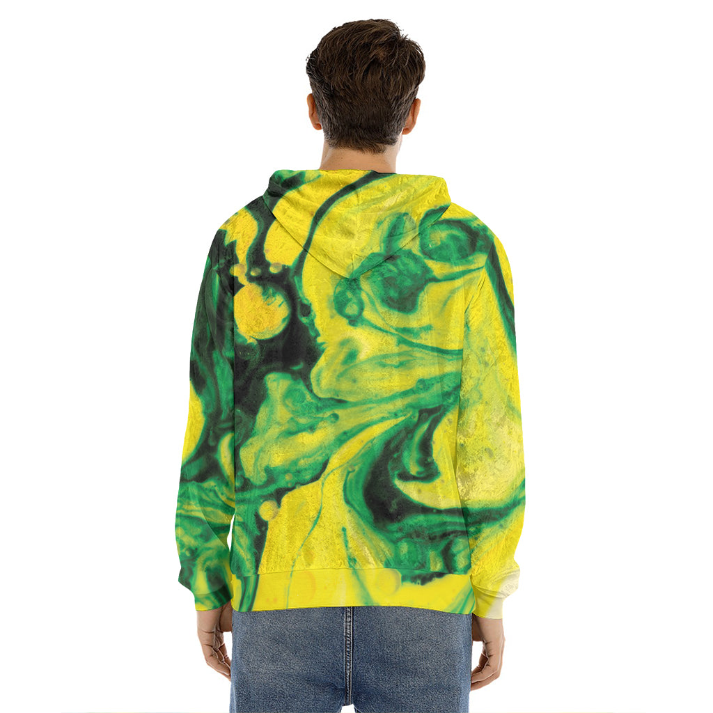 Yellow And Green Acid Melt Print Men's Velvet Pullover Hoodie