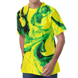 Yellow And Green Acid Melt Print Men's Velvet T-Shirt