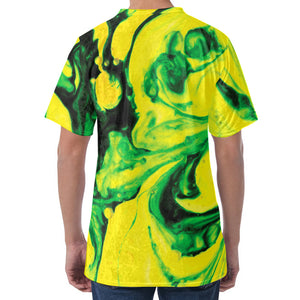 Yellow And Green Acid Melt Print Men's Velvet T-Shirt