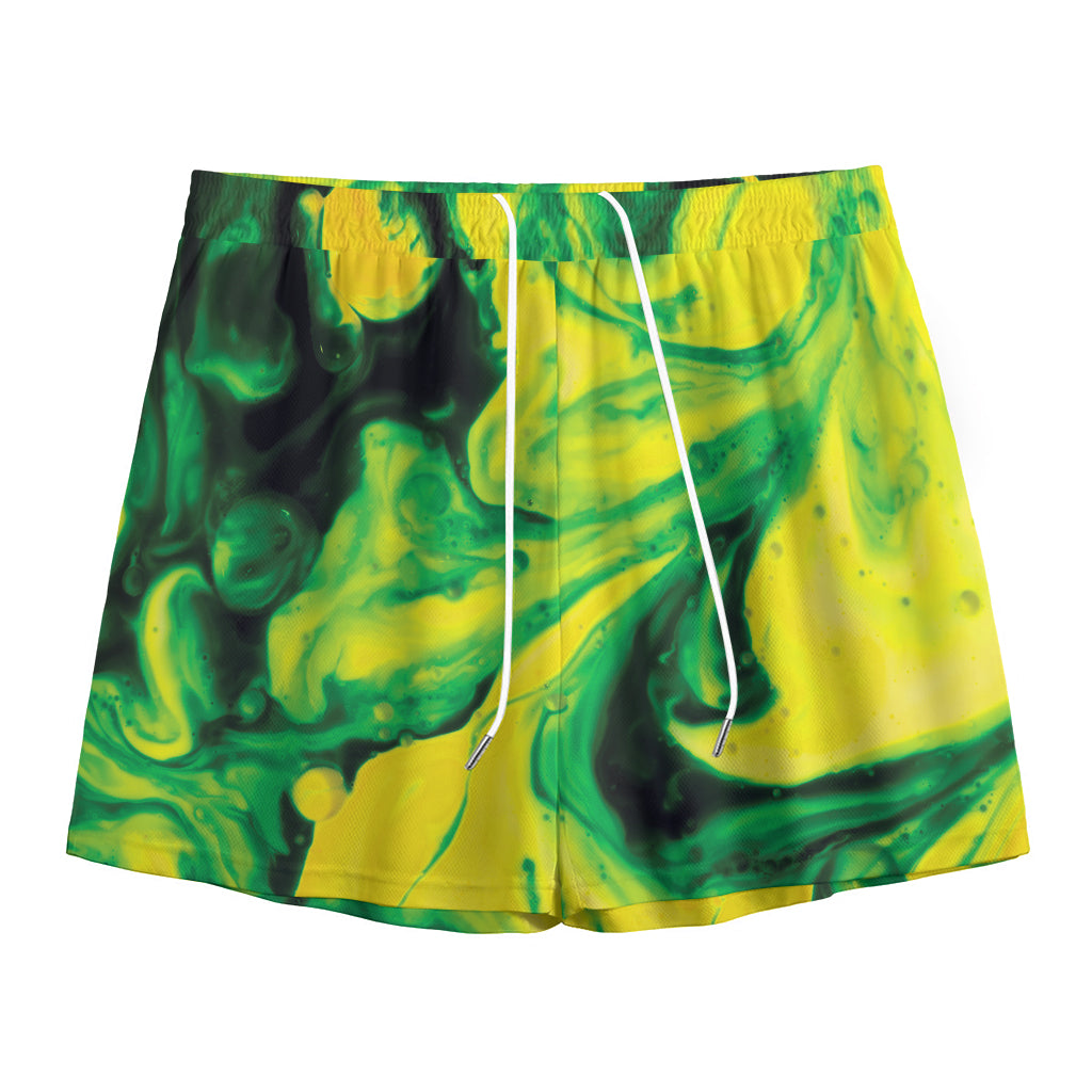 Yellow And Green Acid Melt Print Mesh Shorts