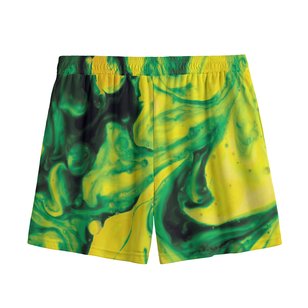 Yellow And Green Acid Melt Print Mesh Shorts