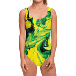 Yellow And Green Acid Melt Print One Piece Swimsuit