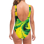 Yellow And Green Acid Melt Print One Piece Swimsuit