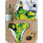 Yellow And Green Acid Melt Print One Shoulder Bikini Top