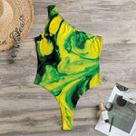 Yellow And Green Acid Melt Print One Shoulder Bodysuit