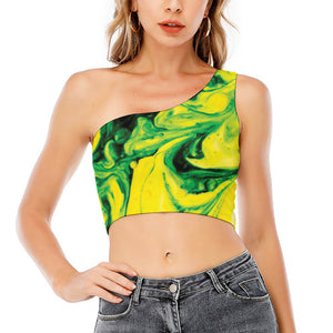 Yellow And Green Acid Melt Print One Shoulder Crop Top