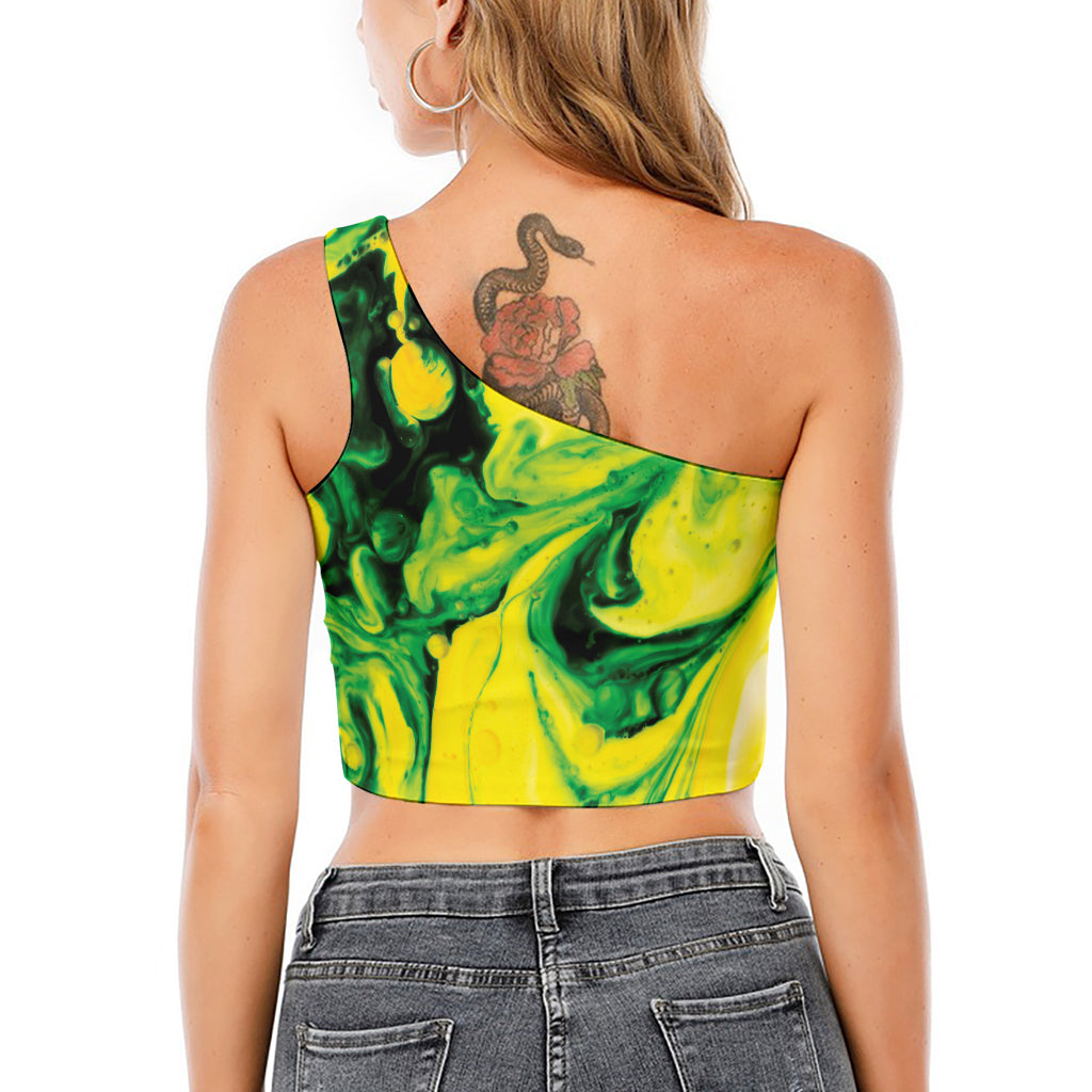 Yellow And Green Acid Melt Print One Shoulder Crop Top