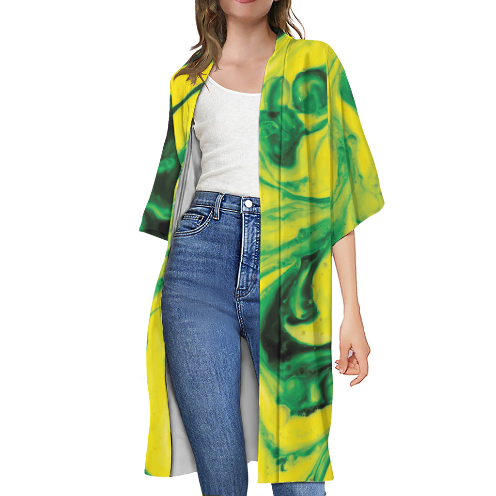 Yellow And Green Acid Melt Print Open Front Beach Cover Up