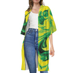 Yellow And Green Acid Melt Print Open Front Beach Cover Up