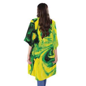 Yellow And Green Acid Melt Print Open Front Beach Cover Up