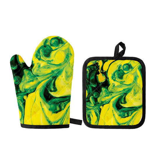 Yellow And Green Acid Melt Print Oven Mitt And Pot Holder Set