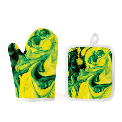 Yellow And Green Acid Melt Print Oven Mitt And Pot Holder Set