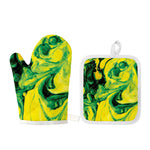 Yellow And Green Acid Melt Print Oven Mitt And Pot Holder Set
