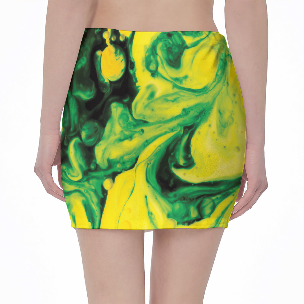 Yellow And Green Acid Melt Print Pencil Mini Skirt