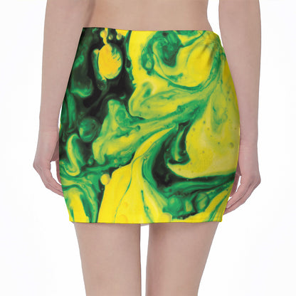 Yellow And Green Acid Melt Print Pencil Mini Skirt