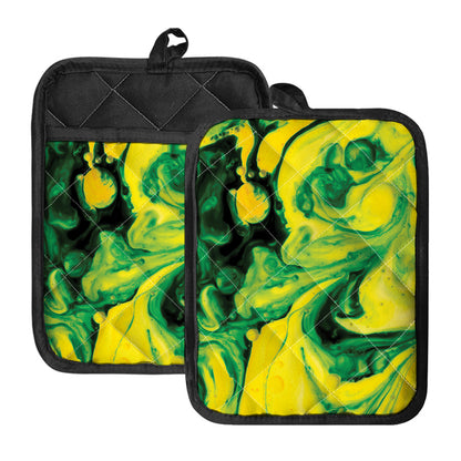Yellow And Green Acid Melt Print Pot Holders With Pocket