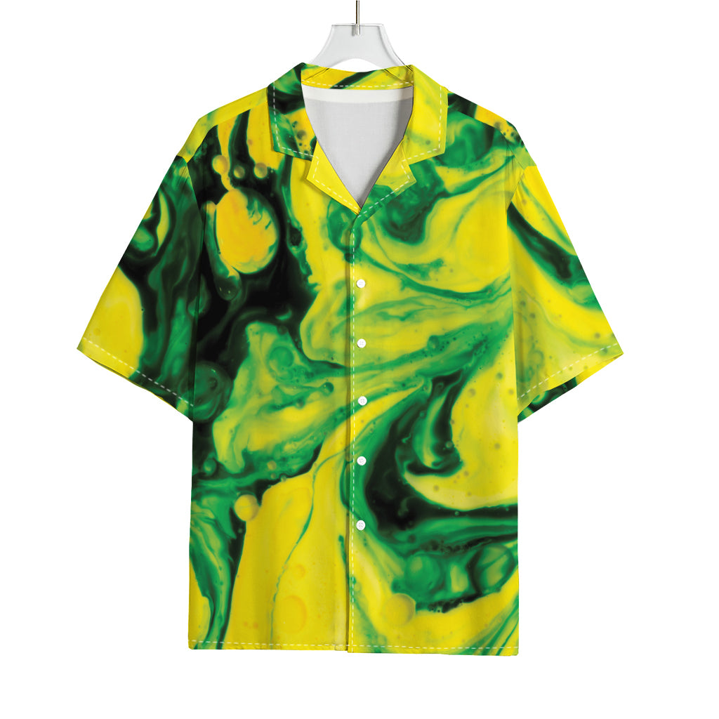 Yellow And Green Acid Melt Print Rayon Hawaiian Shirt